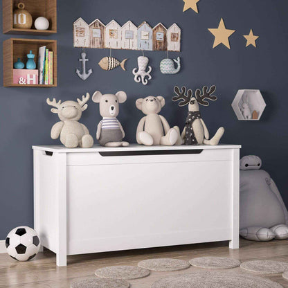 MOONRIVER Kids Wooden Toy Box Storage with Safety Hinged Lid - White with stuffed animals against a dark blue wall with decorative elements.