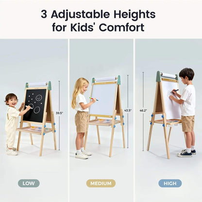 Children using a adjustable-height easel with measurements shown.