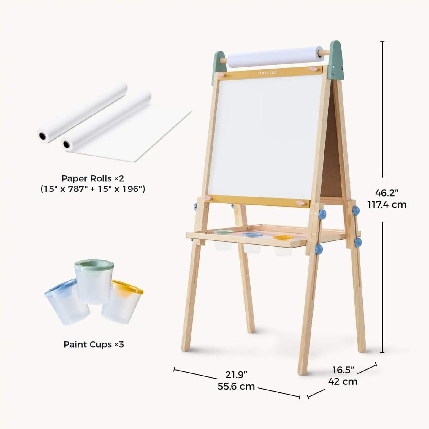 Wooden easel with paper rolls and paint cups, featuring dimensions on a white background.