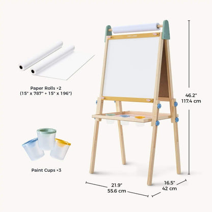 Wooden easel with paper rolls and paint cups, featuring dimensions on a white background.