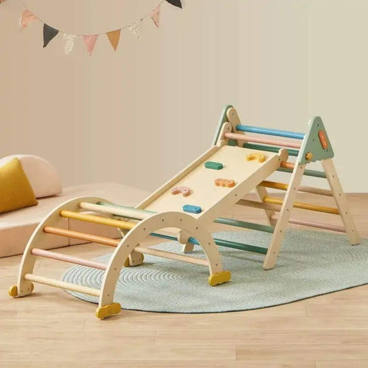 Tiny Land® 7-in-1 Morandi Pikler Triangle Set on a wooden floor.