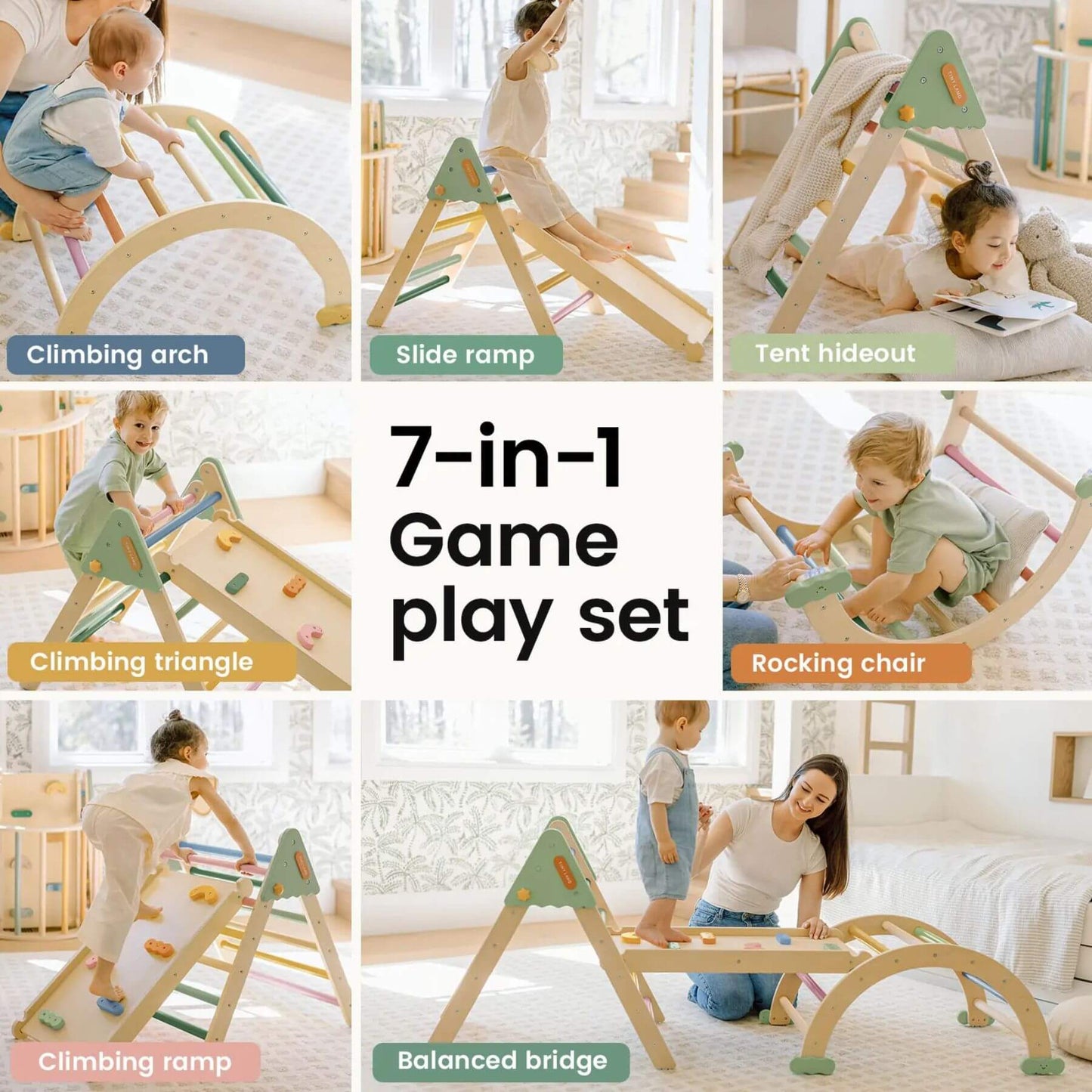 Collage of a 7-in-1 game play set with various features and children playing.