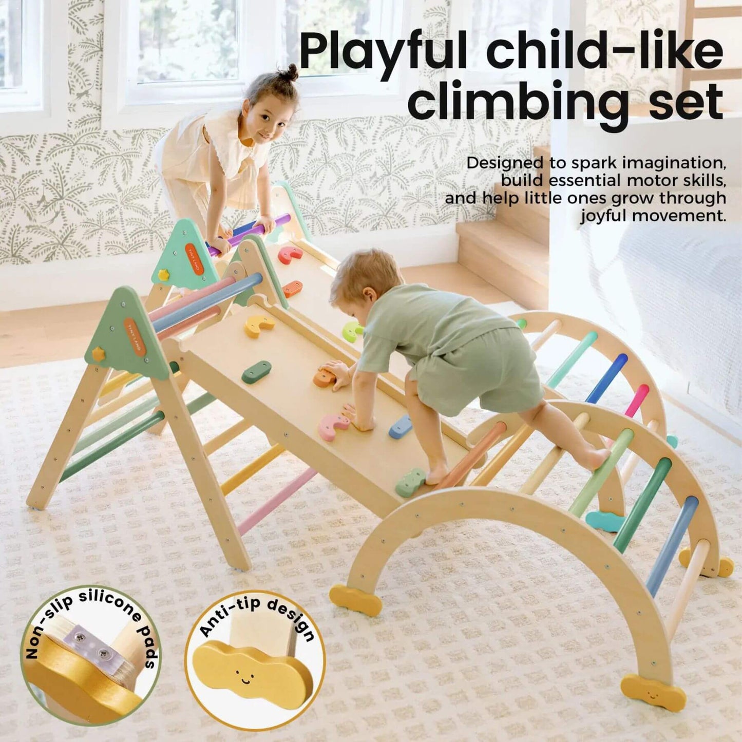 Children playing with Tiny Land® 7-in-1 Morandi Pikler Triangle Set in a room.