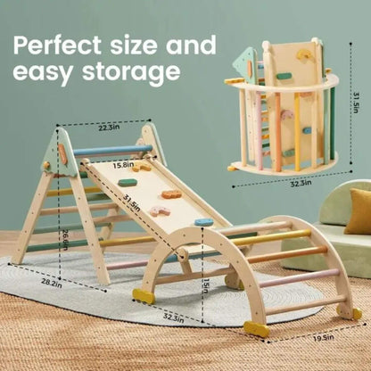 Tiny Land® 7-in-1 Morandi Pikler Triangle Set with dimensions labeled on a neutral background