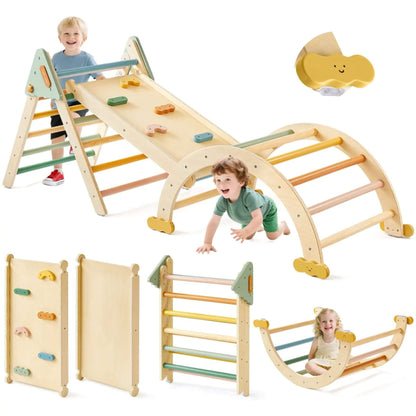 Children playing with Tiny Land® 7-in-1 Morandi Pikler Triangle Set on a white background.