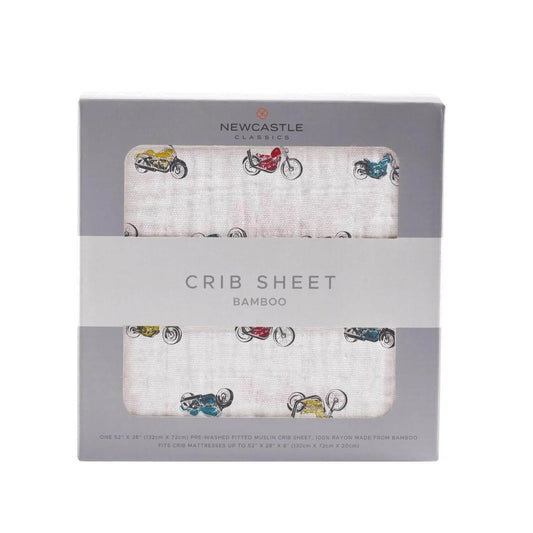 Newcastle Classics Vintage Motorcycles Bamboo Muslin Crib Sheet in package