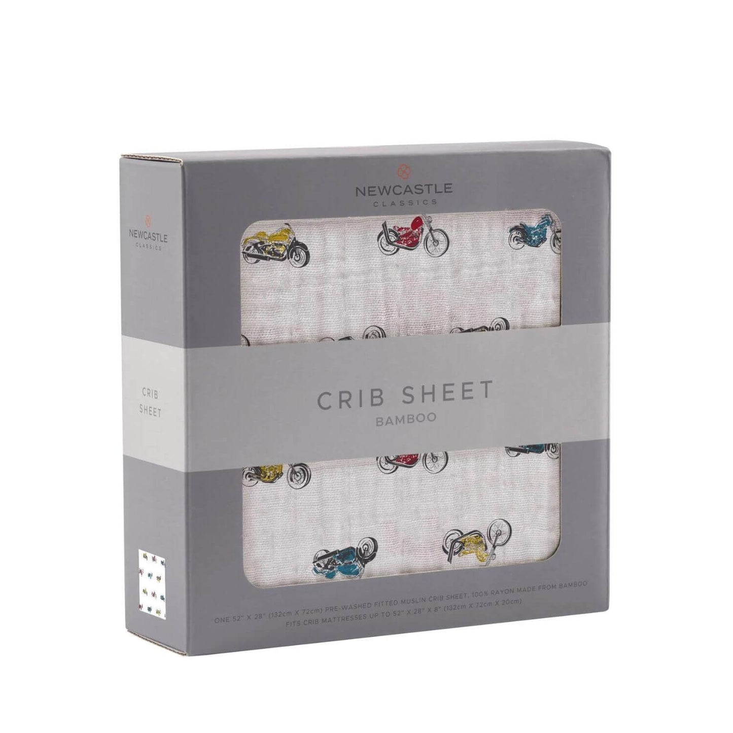 Newcastle Classics Vintage Motorcycles Bamboo Muslin Crib Sheet in package