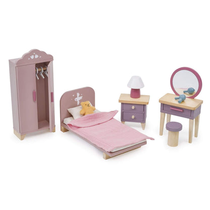 Set of wooden dollhouse furniture including a wardrobe, bed, nightstand, and vanity with mirror