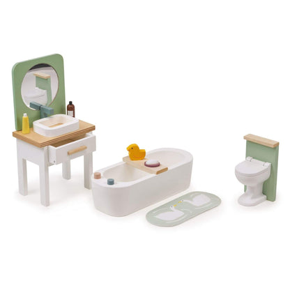 Set of toy bathroom furniture including bathtub, sink, toilet, and mirror
