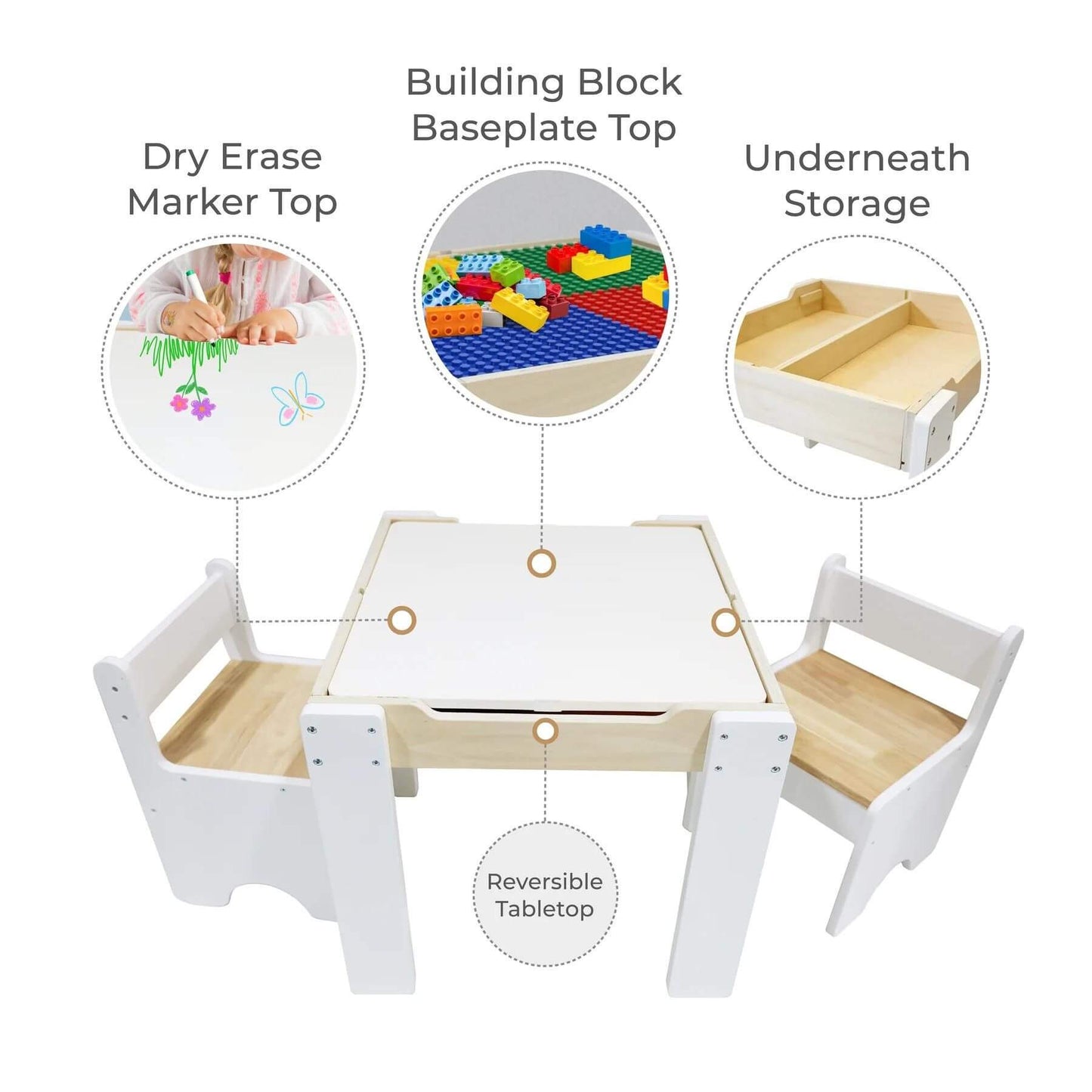 Teamson Kids Multi-Activity Table with Reversible Tabletop & Chairs Set White