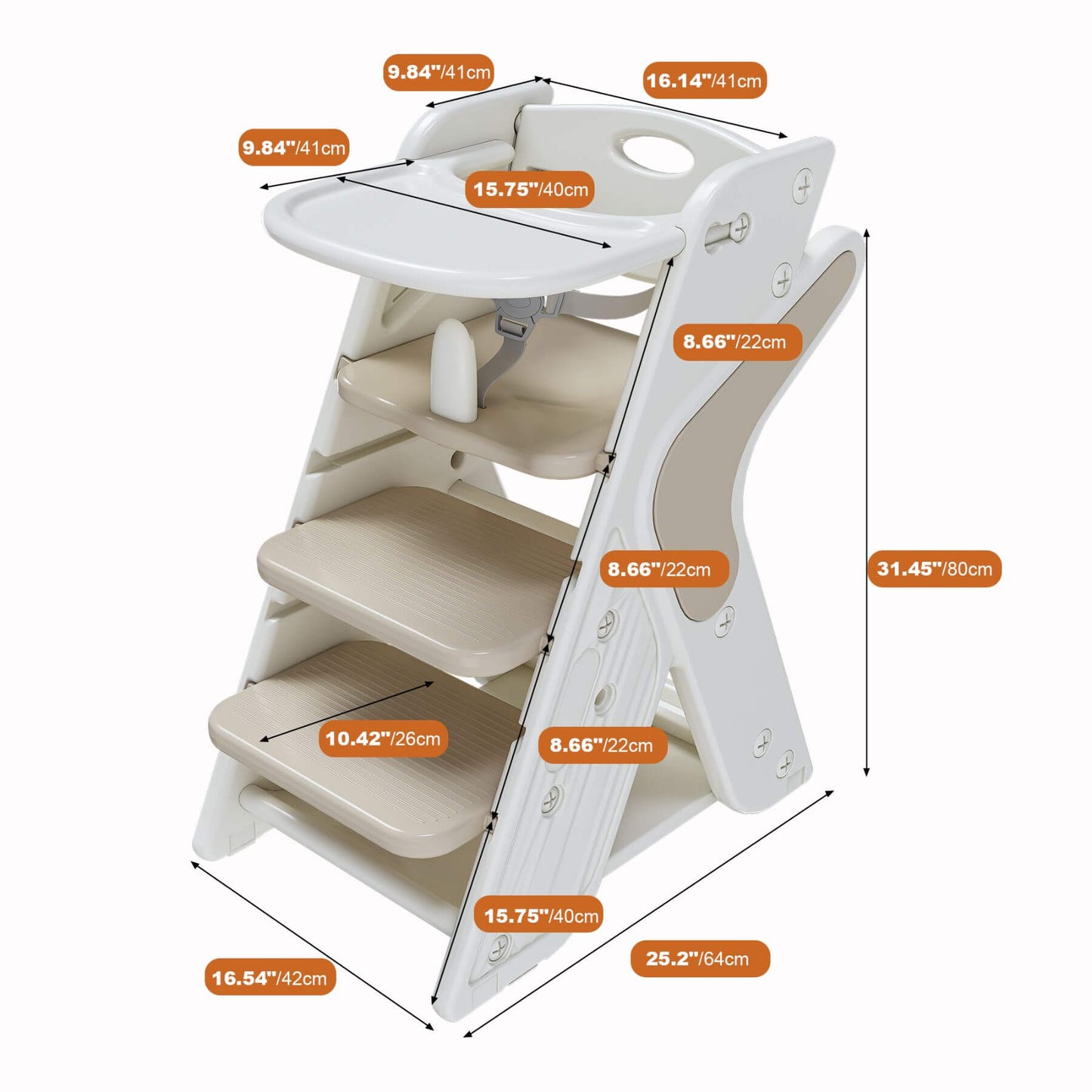 Measurement chart of Multi-Functional Growing Up Dining Chair - White & Charcoal with dimensions labeled.