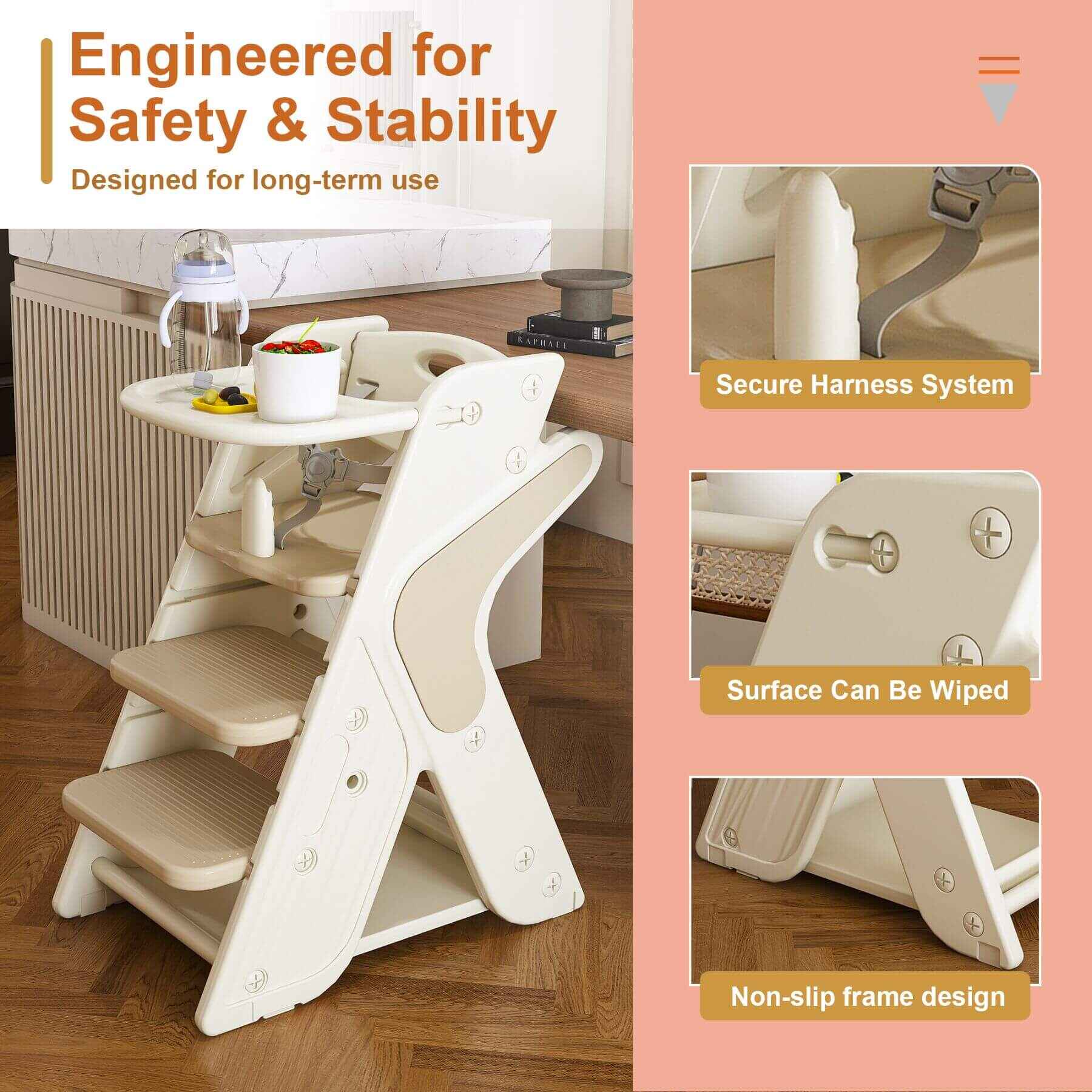 Multi-Functional Growing Up Dining Chair - White & Charcoal with safety features highlighted on a wooden floor.