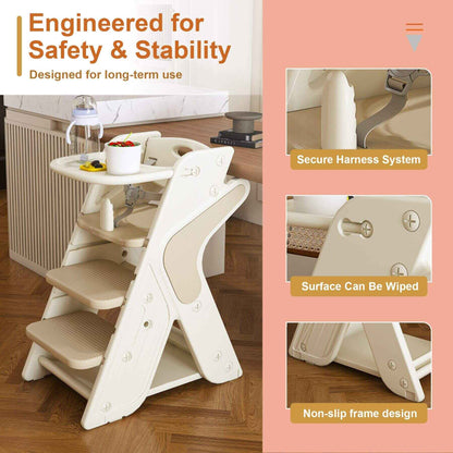 Multi-Functional Growing Up Dining Chair - White & Charcoal with safety features highlighted on a wooden floor.