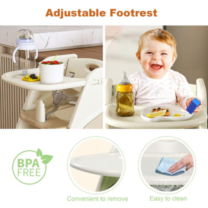 Multi-Functional Growing Up High Chair - White & Charcoal, child using the chair, and cleaning the chair.