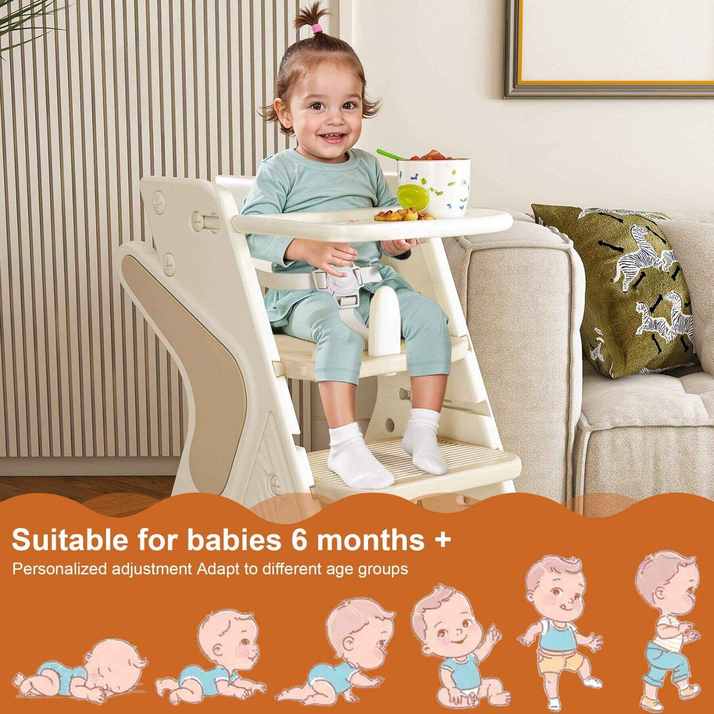 Child sitting in Multi-Functional Growing Up High Chair - White & Charcoal with food, surrounded by baby illustrations and text about product suitability for babies.