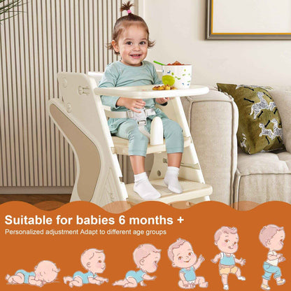 Child sitting in Multi-Functional Growing Up High Chair - White & Charcoal with food, surrounded by baby illustrations and text about product suitability for babies.