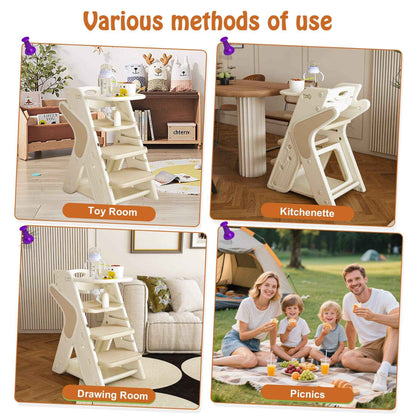 Collage of Multi-Functional Growing Up High Chair - White & Charcoal used in different settings including toy room, kitchenette, drawing room, and picnics.