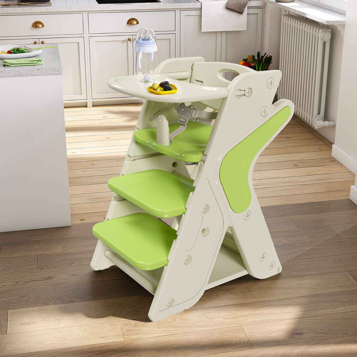 Multi-Functional Growing Up High Chair, - White & Green in a kitchen setting