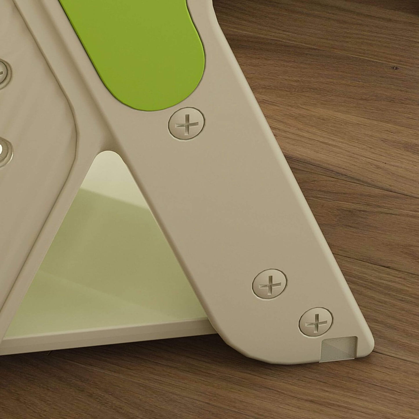 Close-up of Multi-Functional Growing Up High Chair, - White & Green on a wooden surface