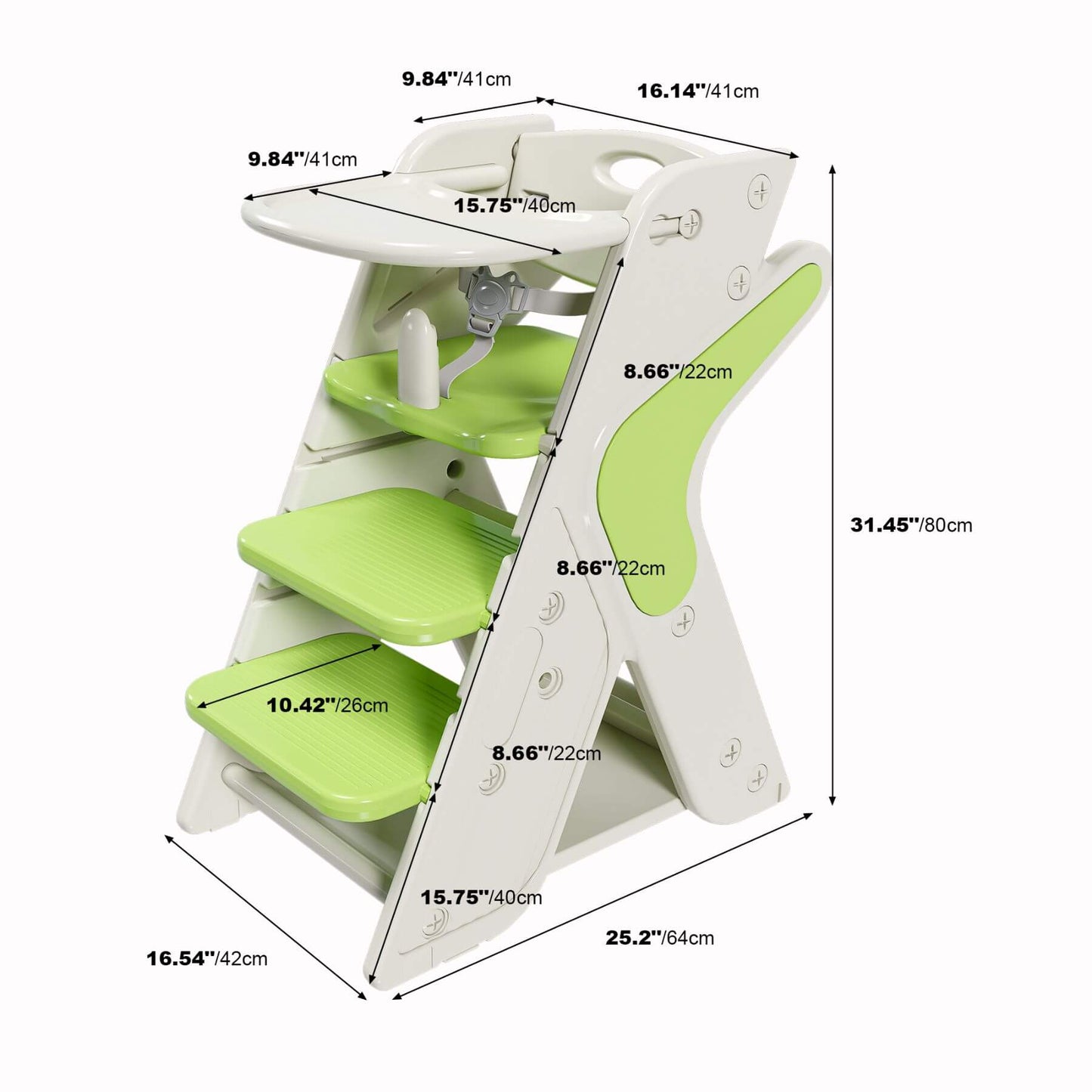 Multi-Functional Growing Up High Chair, - White & Green with dimensions labeled on a white background