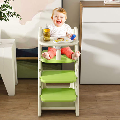 Child sitting on Multi-Functional Growing Up High Chair, - White & Green with a plate of food in a kitchen.