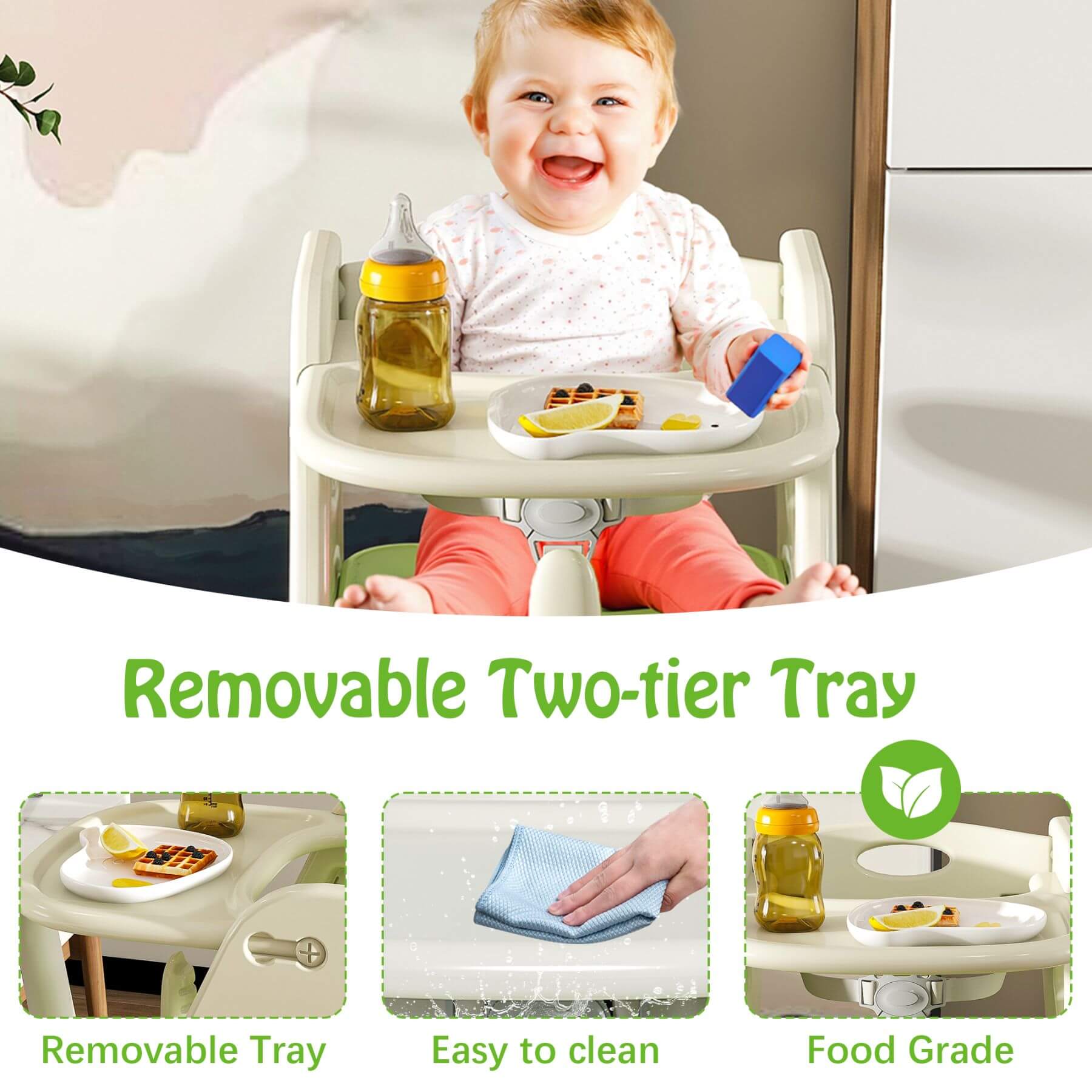 Multi-Functional Growing Up High Chair, - White & Green, food grade material highlighted.