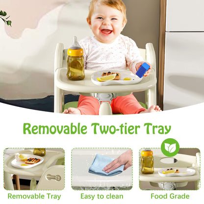 Multi-Functional Growing Up High Chair, - White & Green, food grade material highlighted.