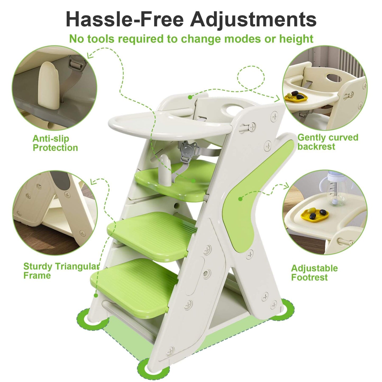 Multi-Functional Growing Up High Chair, - White & Green with features highlighted on a white background