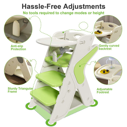 Multi-Functional Growing Up High Chair, - White & Green with features highlighted on a white background