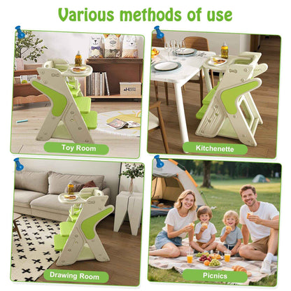 Collage of Multi-Functional Growing Up High Chair, - White & Green in various settings including a toy room, kitchenette, drawing room, and picnic.