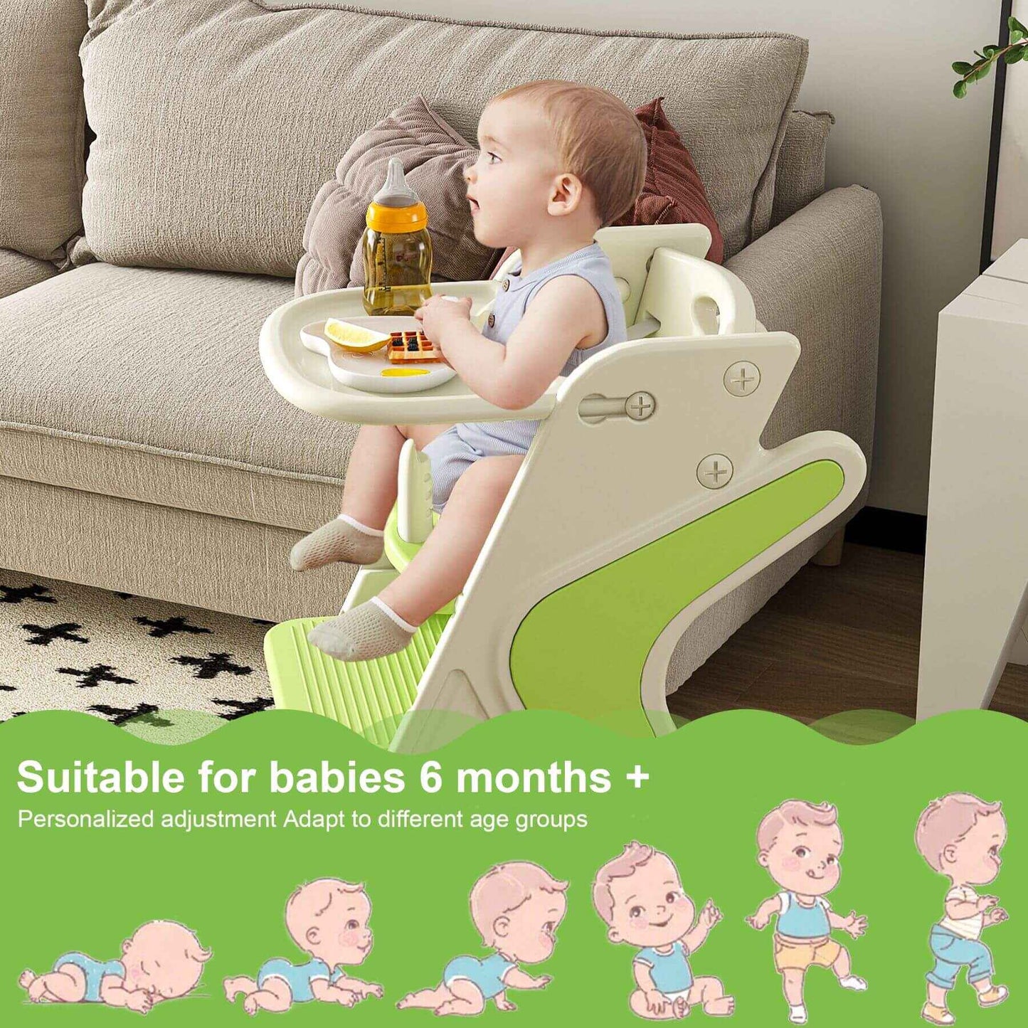 Baby sitting in Multi-Functional Growing Up High Chair, - White & Green, surrounded by a cozy living room setting.