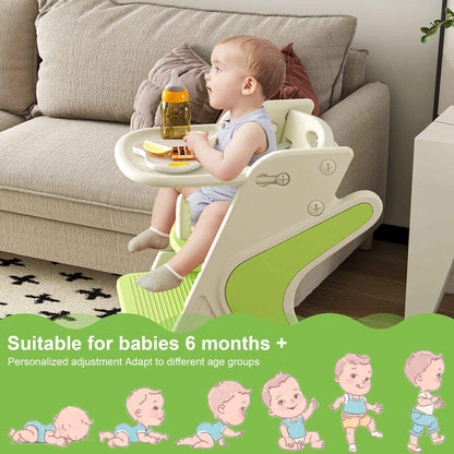 Baby sitting in Multi-Functional Growing Up High Chair, - White & Green, surrounded by a cozy living room setting.