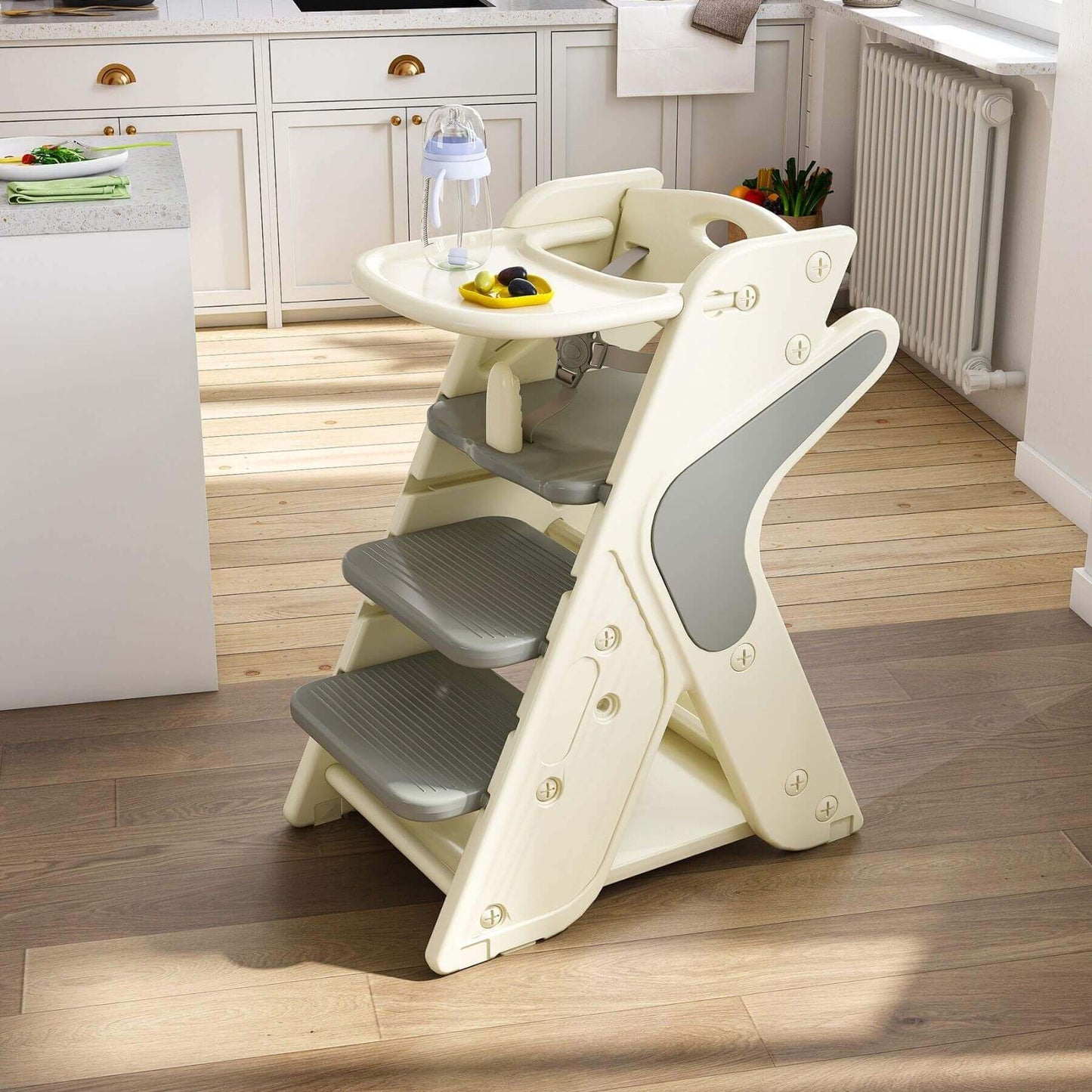 Multi-Functional Growing Up High Chair -  Grey & White in a kitchen setting