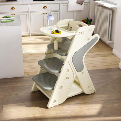 Multi-Functional Growing Up High Chair -  Grey & White in a kitchen setting