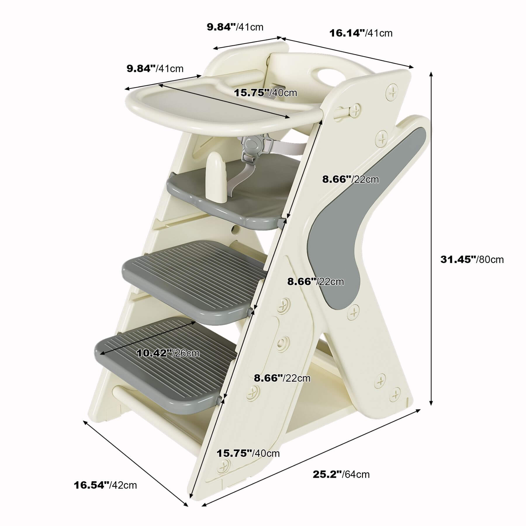 Multi-Functional Growing Up High Chair -  Grey & White with measurements on a white background