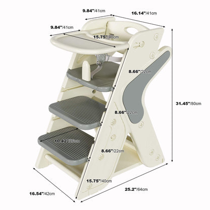Multi-Functional Growing Up High Chair -  Grey & White with measurements on a white background