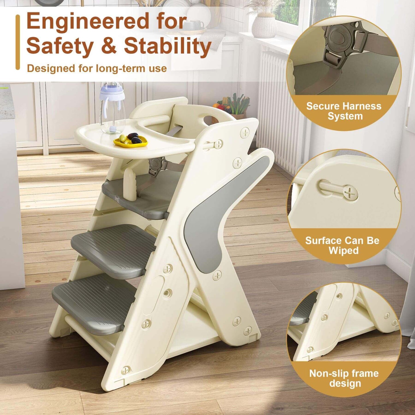 Multi-Functional Growing Up High Chair -  Grey & White with safety features highlighted on a wooden floor.