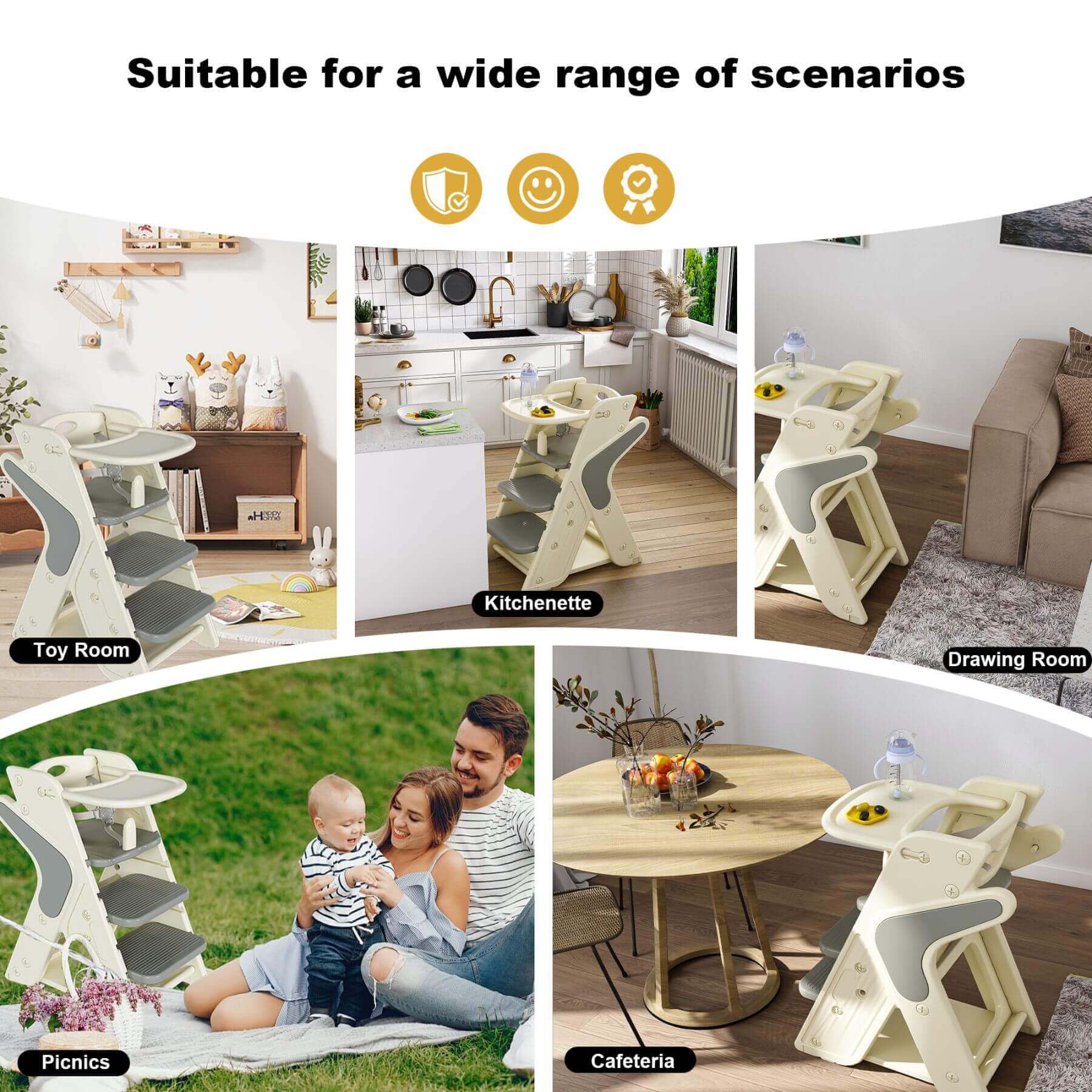 Multi-Functional Growing Up High Chair -  Grey & White in various settings including toy room, kitchenette, drawing room, picnic area, and cafeteria.