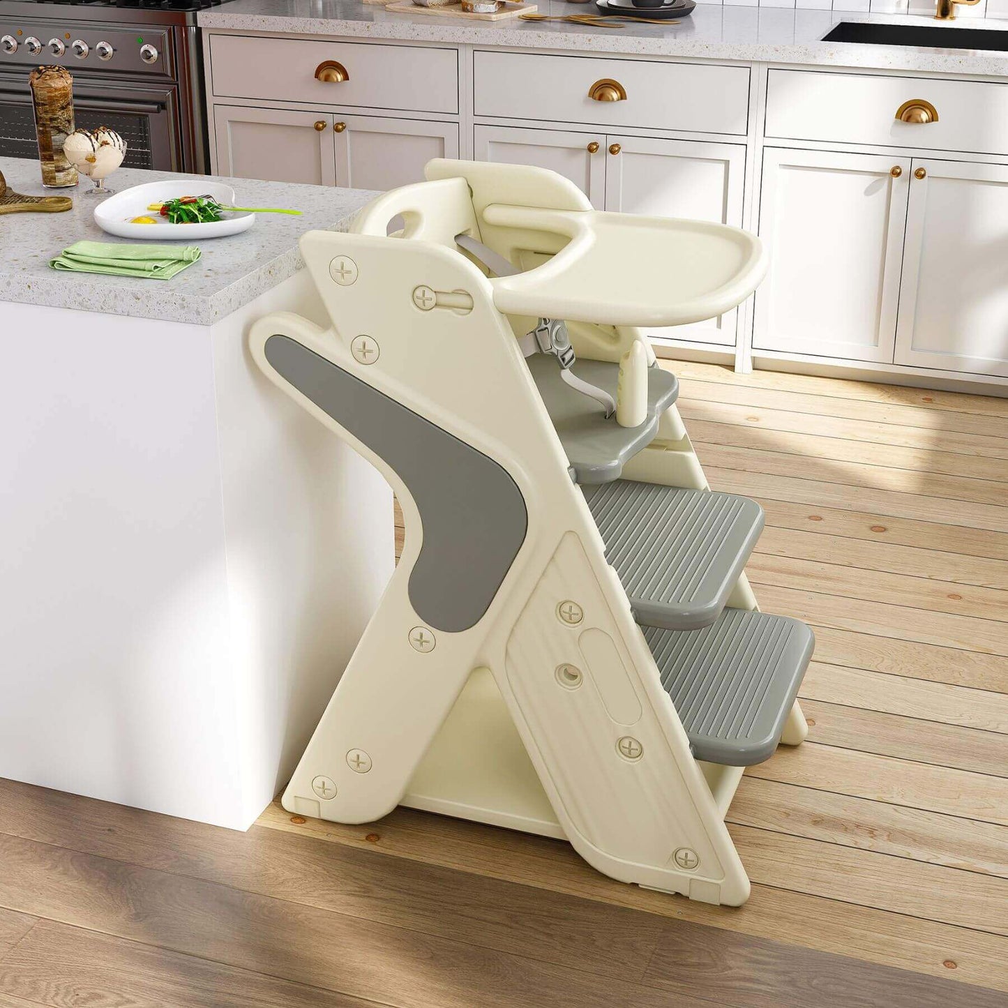 Multi-Functional Growing Up High Chair -  Grey & White in a kitchen setting
