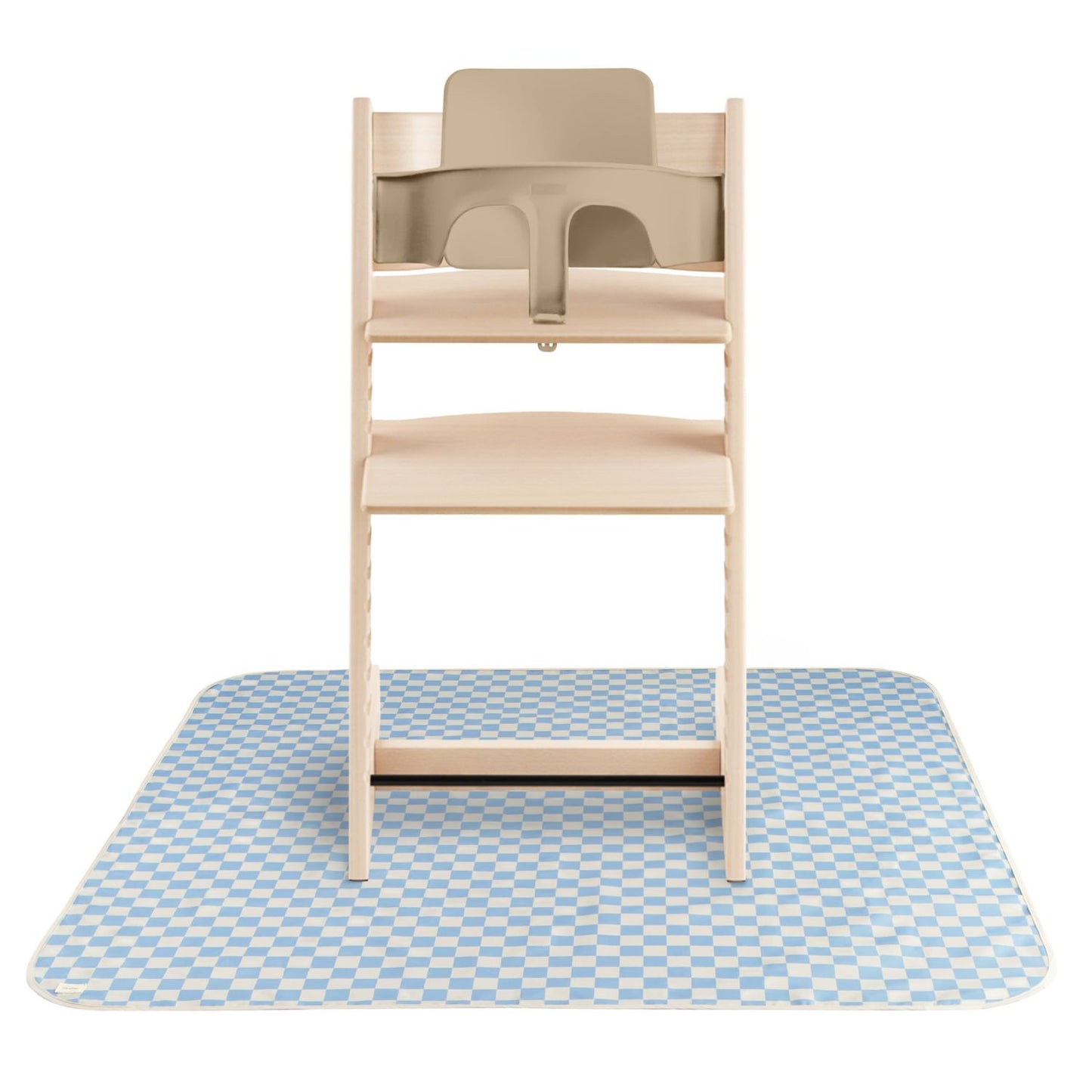 Wooden high chair on Mushie Splat Mat - Blue Check