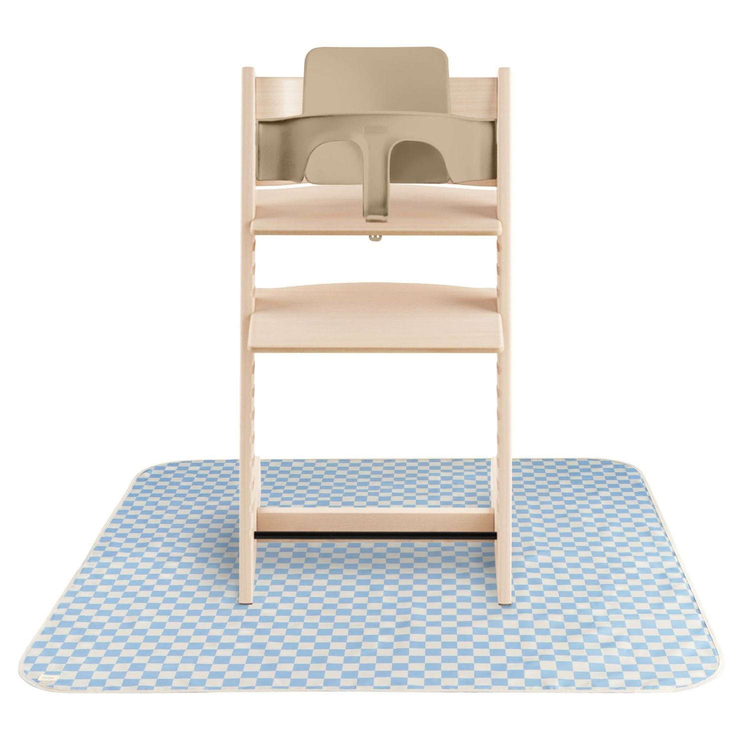 Wooden high chair on Mushie Splat Mat - Blue Check