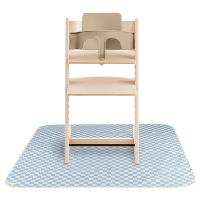 Wooden high chair on Mushie Splat Mat - Blue Check