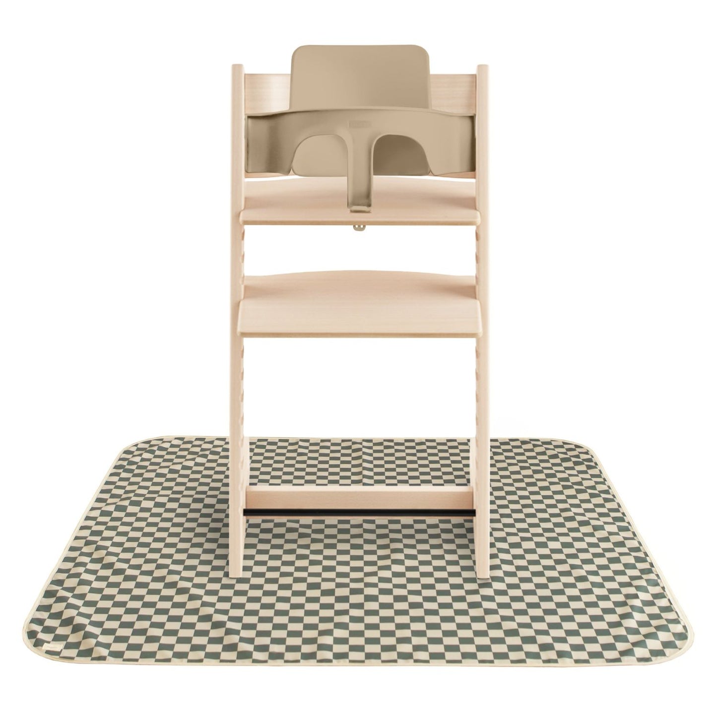 Wooden high chair on Mushie Splat Mat - Olive Check