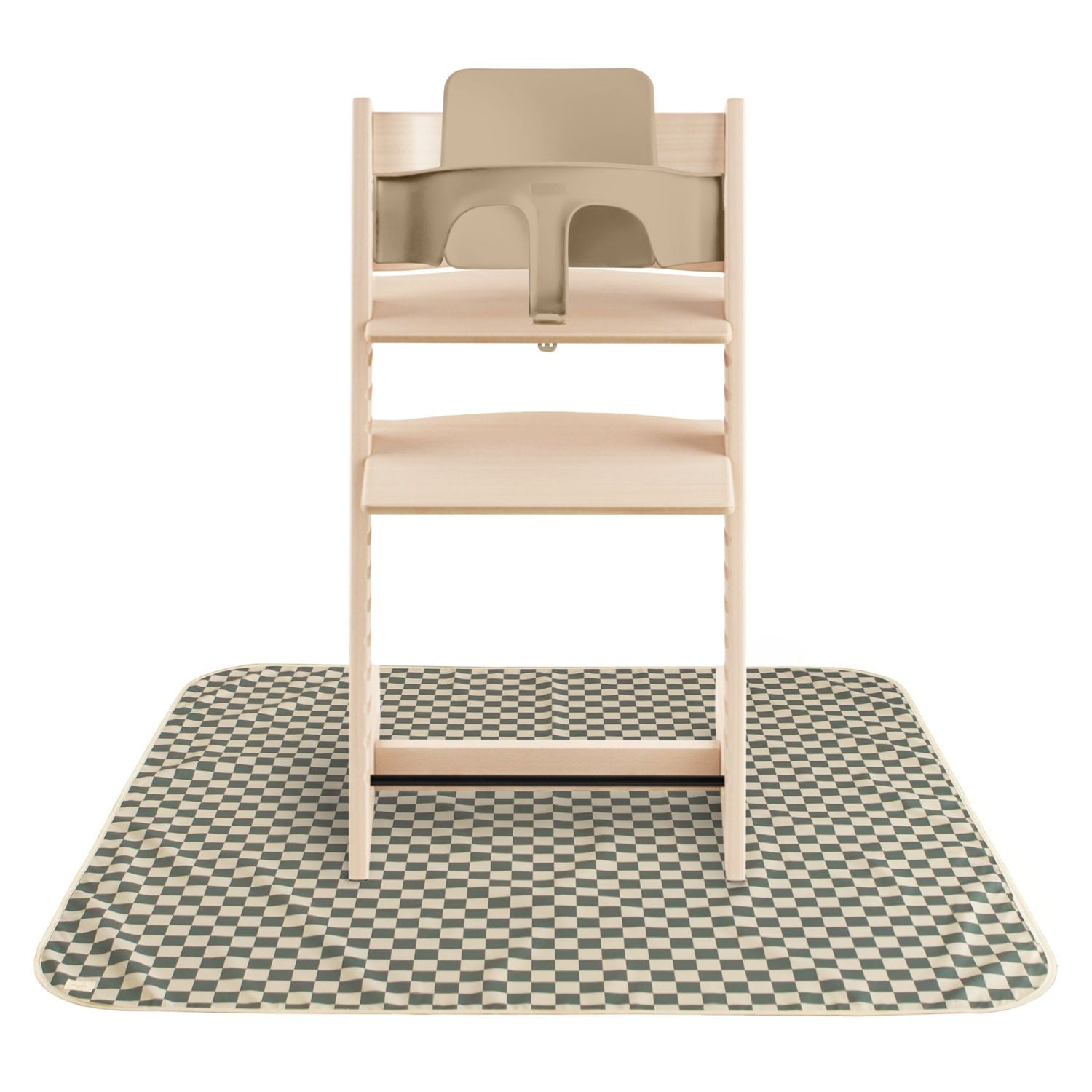 Wooden high chair on Mushie Splat Mat - Olive Check