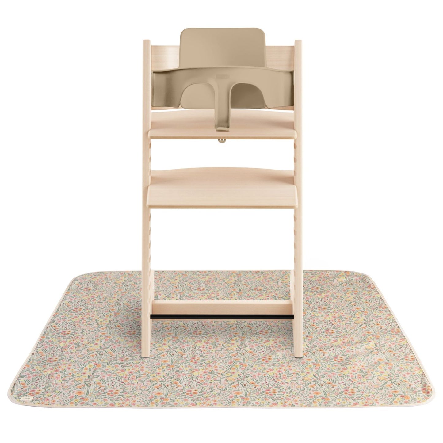 Wooden high chair on Mushie Splat Mat - Pastel Blooms
