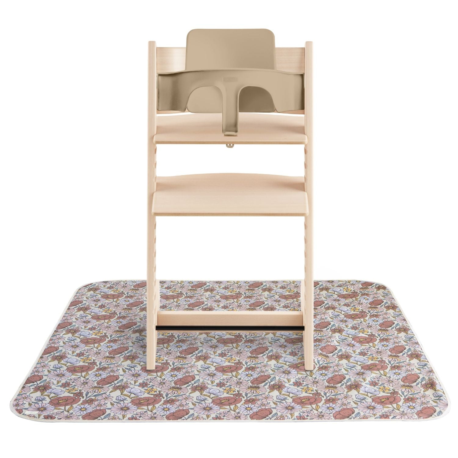 Wooden high chair on Mushie Splat Mat -  Retro Flowers