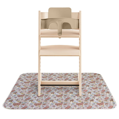 Wooden high chair on Mushie Splat Mat -  Retro Flowers
