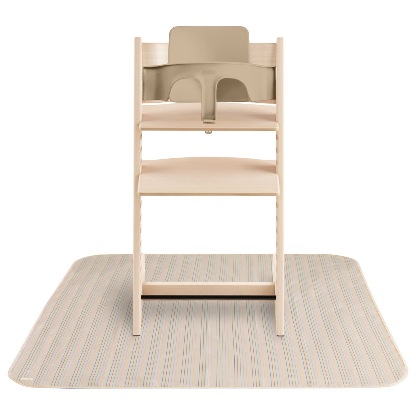 Wooden high chair on Mushie Splat Mat - Retro Stripe