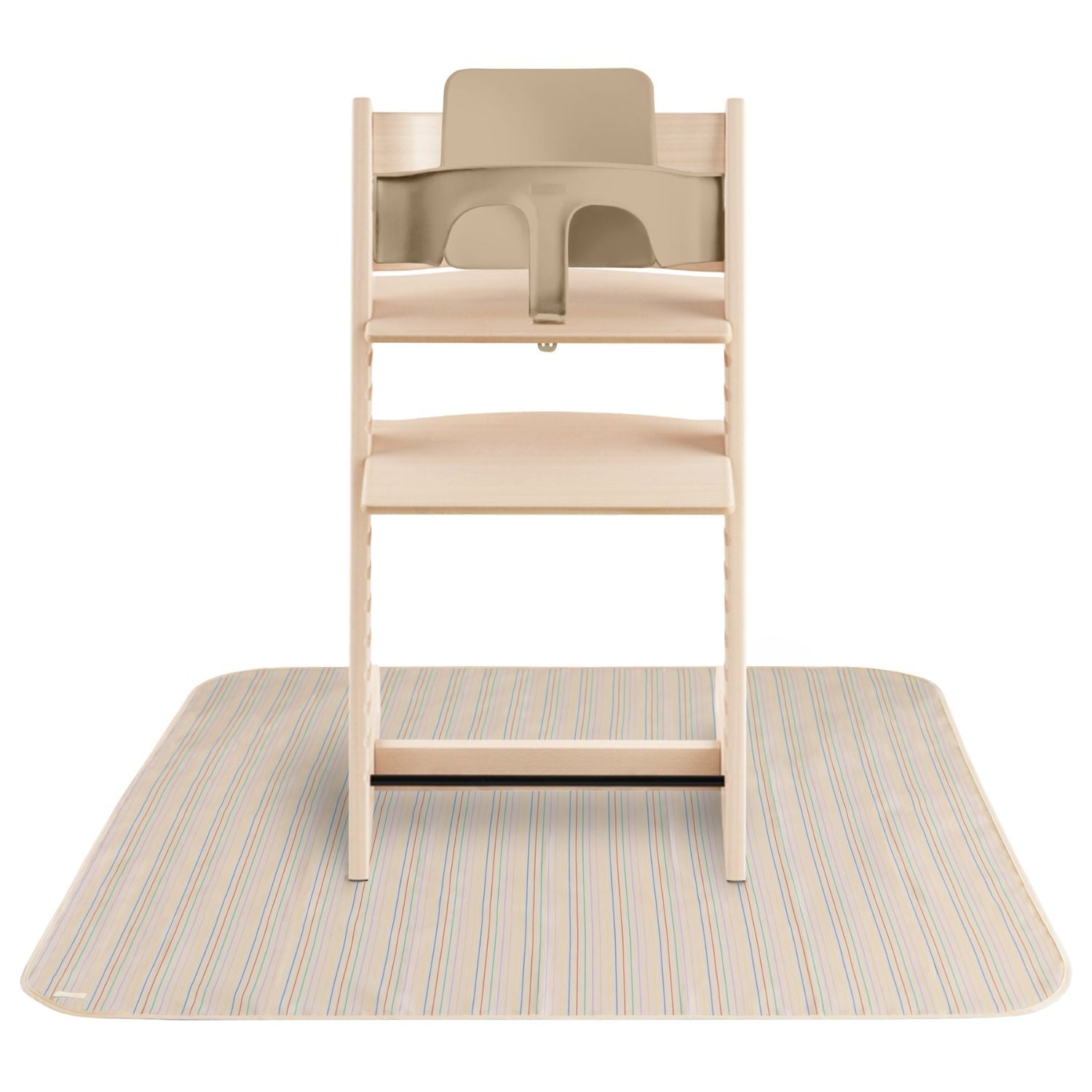 Wooden high chair on Mushie Splat Mat - Retro Stripe