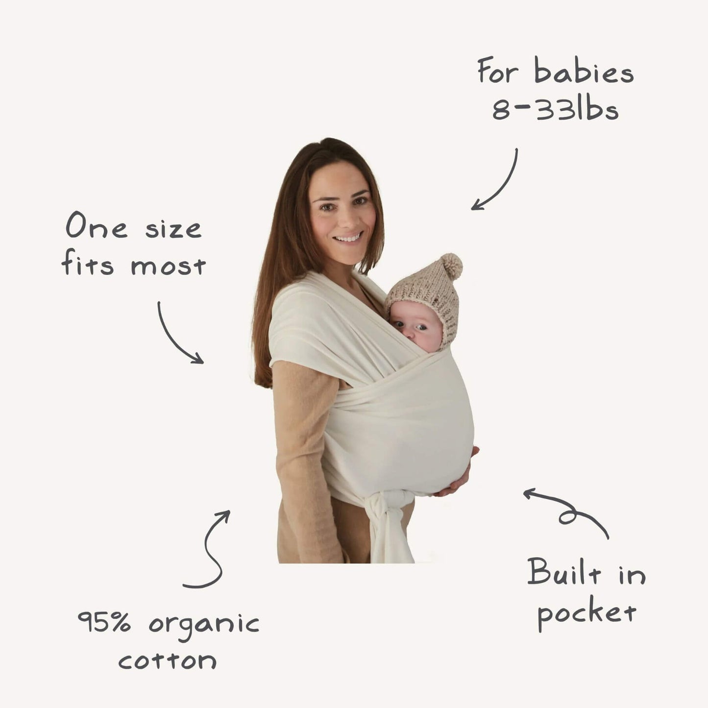 Woman holding a baby in Mushie Baby Wrap Ivory with text highlighting features